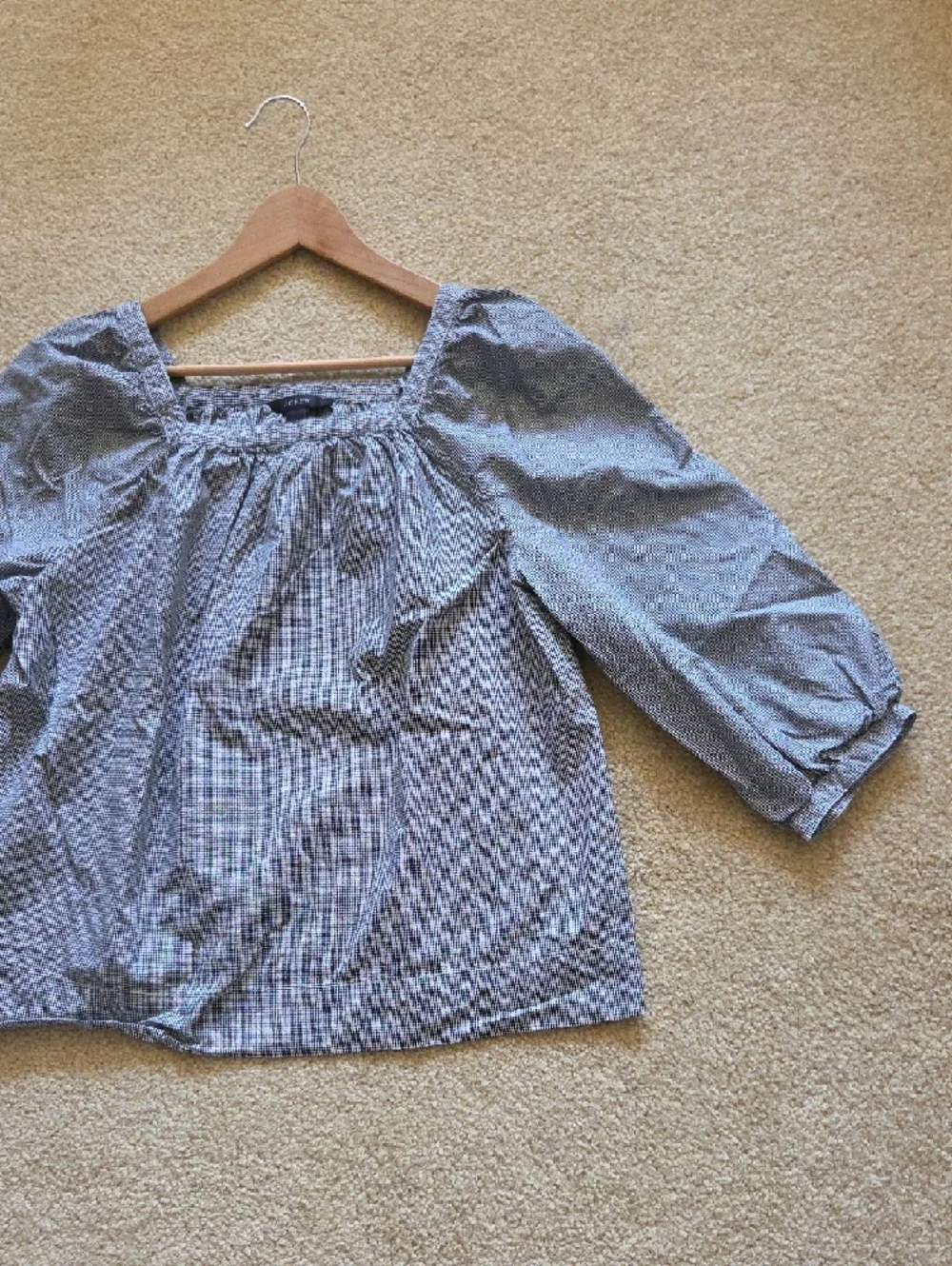 J. Crew Gray Checked Square Neck Peasant Blouse 100% Cotton Sz 8 Boho Cottage